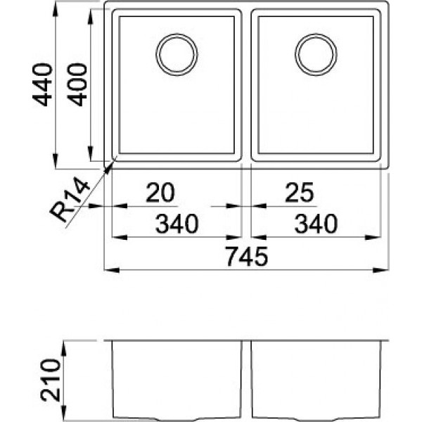 Chiuveta inox Elleci Square 720 2V, 745 x 440 mm, standard, satinat
