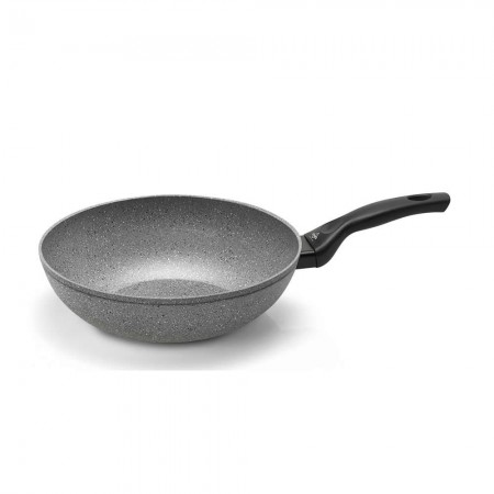Tigaie wok Olympia Rocker Plus, 28 cm, multistratificata, aluminiu special pentru alimente, cu particule minerale, gri, inductie